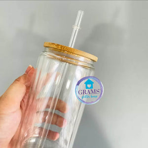 20oz Glass Can Mug with Bamboo lid - Grams' Glitter House