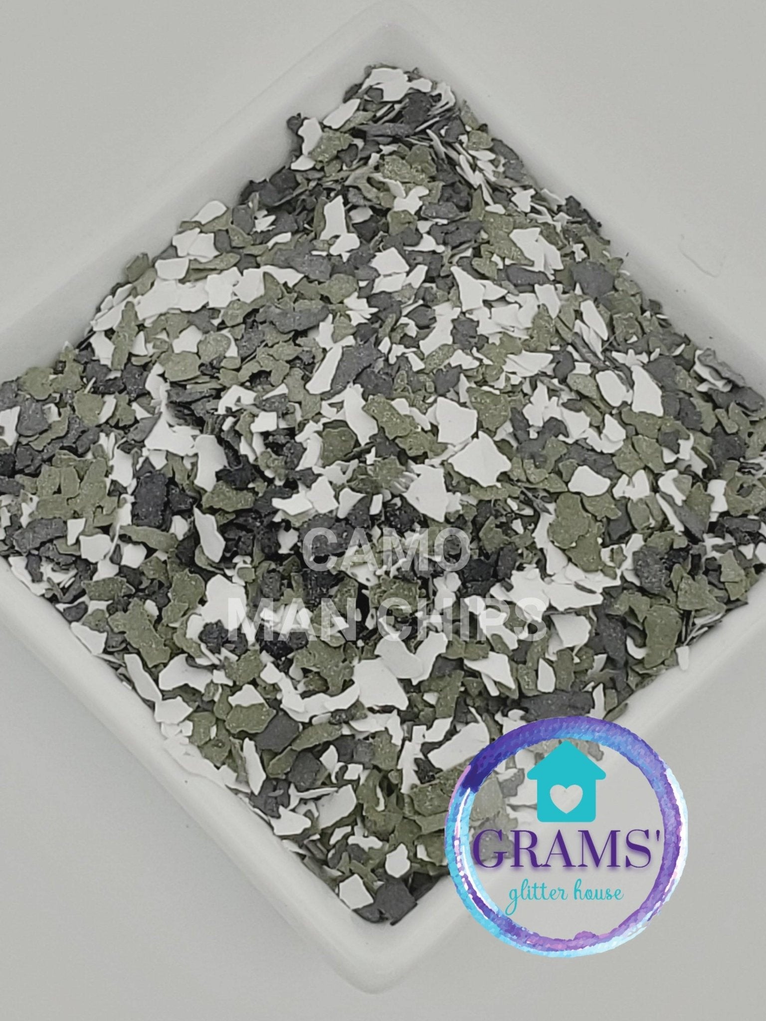 Grams' Glitter House Camo Man Chips | Man Glitter | Irregular Polymer Paint Flakes