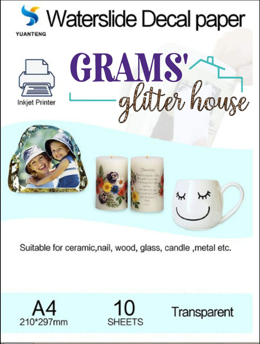 Clear Grams' Glitter House Ink Jet Printer Waterslide Decal Paper Supplies