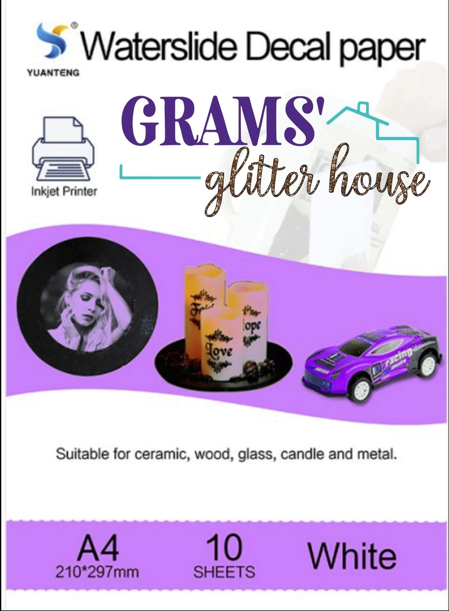 White Grams' Glitter House Ink Jet Printer WHITE Waterslide Decal Paper Supplies